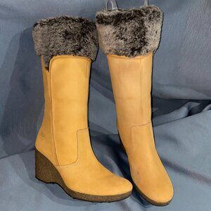Timberland Wheat Leather Fur Cuff Wedge Tall Boot MONOGRAM, Women Size 8.5